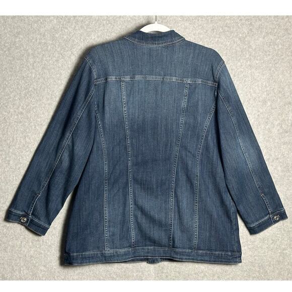 Chicos Sz 2P, 12 Elongated Denim Jacket Stretchy Comfy Utility Chore Lagenlook - Picture 3 of 12